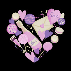 Valentine symbols illustration in heart shape in pink purple color on a black background