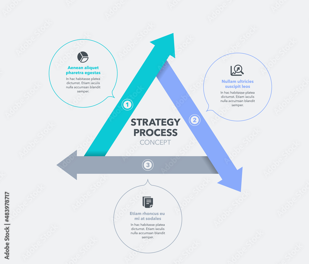 Poster Strategy process concept with three stages and place for your description. Flat infographic design template for website or presentation.