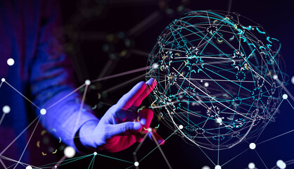 Global network. Blockchain. 3D illustration. Neural networks and artificial intelligence. Abstract