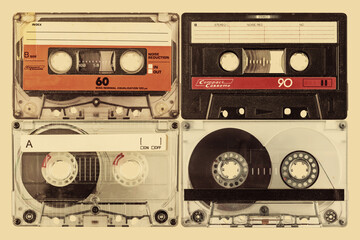 Retro styled image of four old audio compact cassettes