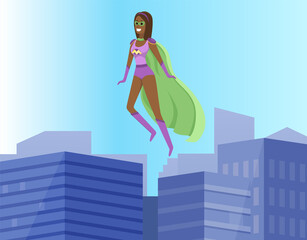 Brave female superhero save world and flies over buildings in city. Strong superwoman in colored suit protects people from villains. Hero has superpowers and defends justice in sky in big city