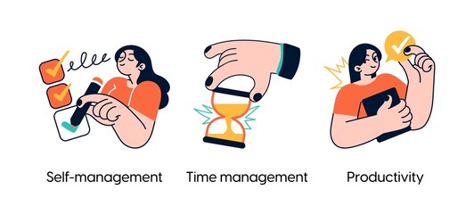 Productivity management tools- set of business concept illustrations. Self-management, time-management, productivity. Visual stories collection