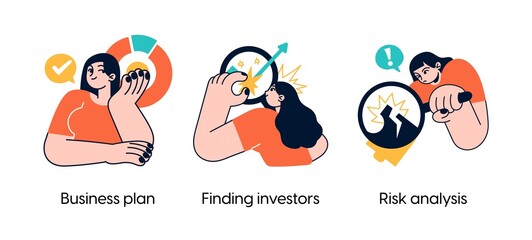 Startup businesses stages - set of business concept illustrations. Business plan, finding investors, risk analysis. Visual stories collection