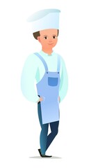 Male cook in overalls. Little boy from kitchen in an apron. Cheerful person. Standing pose. Cartoon comic style flat design. Single character. Illustration isolated on white background. Vector