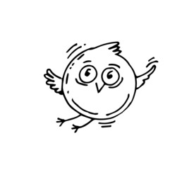 Round flying funny bird. Cartoon character. Outline sketch. Hand drawing is isolated on a white background. Vector