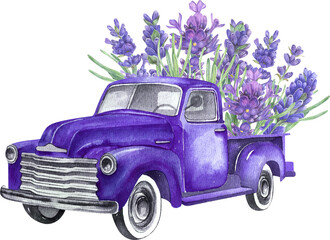 Watercolor retro violet truck with lavender flowers.