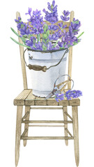 Watercolor lavender bouquets in vintage garden pots. Gardening illustration.