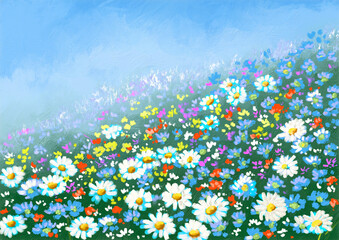 Flowers, oil paintings summer landscape, flowers in the field
