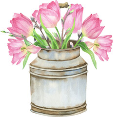 Watercolor spring flowers composition. Pink tulips in vintage vase