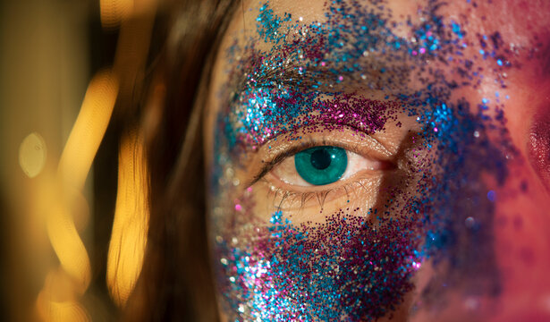 Close-up of a beautiful woman's eye made up with blue and purple particles against a dark unfocused background
