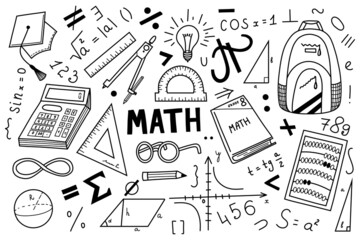 Mathematics Doodle. Hand drawn vector school set.