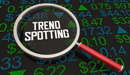 Trend Spotting Stock Market Share Magnifying Glass Price Search Find Momentum Buying Selling 3d Illustration