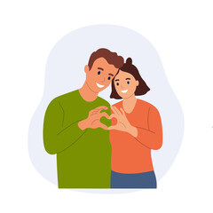 Two hands making heart sign. Valentines day. Couple In Love Hugging. Flat style cartoon vector illustration.