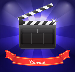 Cinema festival banner with film clapper board on black background. Art and entertainment. Empty board with stripes, black glossy cinema object, equipment for making video production, film industry