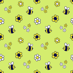 seamless pattern with flowers and bees. doodle illustration. spring decoration. vector background. cute bees and flowers on a light green background.