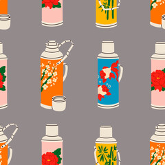 Vintage vacuum bottles. Thermos with aluminum cover and handle. Chinese retro thermo flask. Different patterns on side: flowers, fish, bloom, bamboo. Hand drawn Vector seamless Pattern - obrazy, fototapety, plakaty