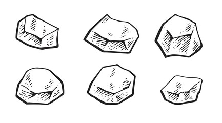 Set of uneven stone. Rock in the style of contour engraving. Sketch sketch. Hand drawing isolated on white background. Vector