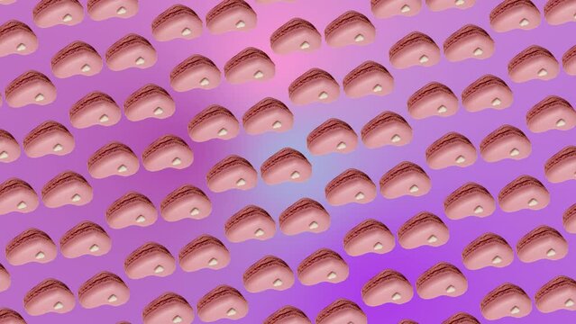 Interesting circular rotate animation pattern with Macaron or French macaroon in pink heart shapes on a trending ligh pink-purpule multi colored gradient background. 3 in 1 animations for 10 sec. Roma