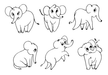 Set of cheerful cartoon elephants. Funny cute animal. Outline sketch. Hand drawing is isolated on a white background. Vector