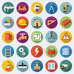 Building and construction icon set in flat design with long shadows
