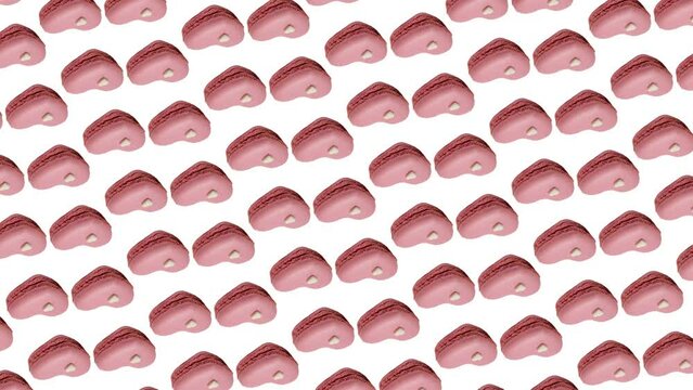 Motion graphics pattern with many Macaron or French macaroon in pink heart shapes for Valentines Day that wiggle/circular rotation on a white color background. 3in1 different sides and size animation
