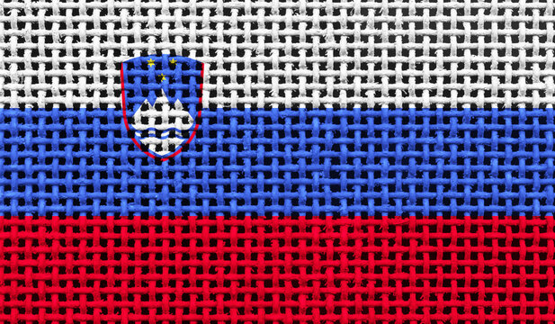 Slovenia flag on the surface of a metal lattice. 3D image