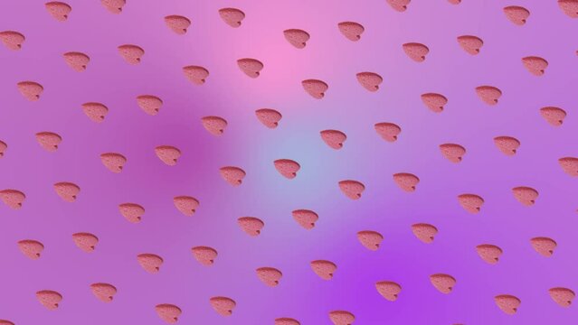 A nice colorful  3 in 1 animation: a different sides and size animations for 10 sec pattern made of heart-shaped pink candies, on trending purple multi colored animated background. not loopable. Horiz