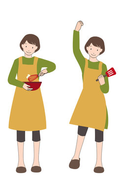 セット素材：エプロンをして笑顔で料理をする女性（趣味や家事分担等のイメージに）