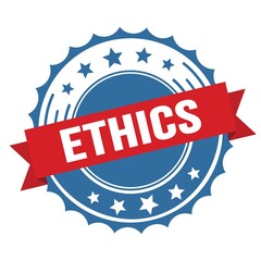 ETHICS text on red blue ribbon stamp.