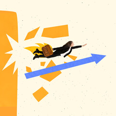 Creative design. Motivated employee, businesswoman breaking throught wall, flying like rocket...