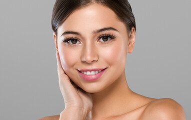 Obraz na płótnie Canvas Healthy skin woman beauty face clean female portrait cosmetic concept. Color background. Gray