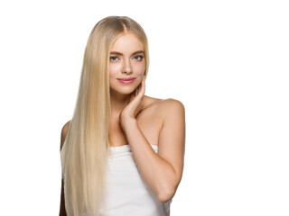 Long smooth hair beauty woman portrait blonde hairstyle. Touching her face.  Isolated on white.