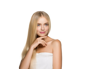 Long smooth hair woman portrait blonde hairstyle. Touching cheek, chin. Isolated on white.