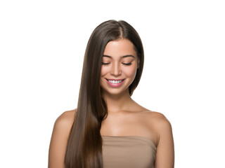 Smooth hair woman long hair beauty girl with pink lips. Isolated on white.