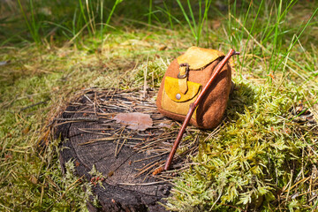 Wanderlust Hiking Still Life / Nostalgic miniature backpack and walking stick on mossy tree stub at forest ground (copy space) - 483984169