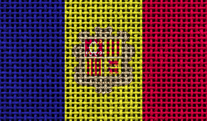 Andorra flag on the surface of a metal lattice. 3D image