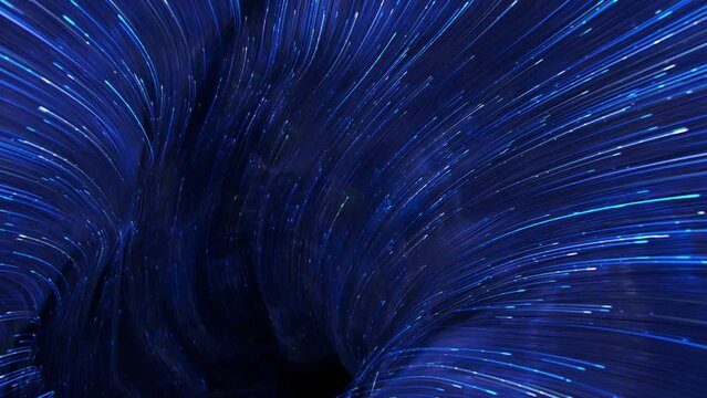 Blue neon light trails vortex. Futuristic sci-fi portal for teleportation with energy streams. 3D render seamless loop animation