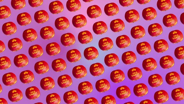 Professional motion design 4K animated pattern with many red Apples with an inscription I love you move and rotates on trending pink color gradient backgroundnd, top view. 3 in 1 different sides and s