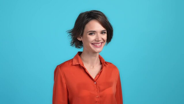 Optimistic lady entrepreneur toothy smile isolated blue color background