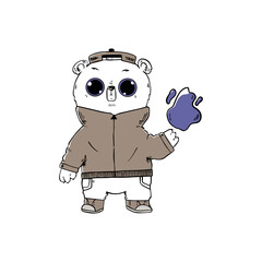 Funny bear with purple fire. Doodle vector illustration.