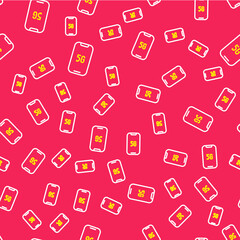 Line Mobile with 5G new wireless internet wifi icon isolated seamless pattern on red background. Global network high speed connection data rate technology. Vector