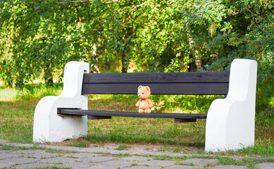 teddy bear on a park bench. 