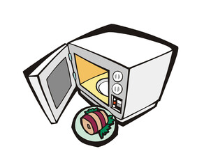Electric microwave oven with the door open and a plate with food. Kitchen object. Cartoon style vector illustration isolated on white background.