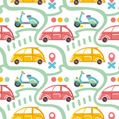 Cars and motorbike moving on the city. Kids print for boys. Seamless pattern.