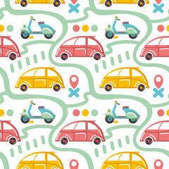 Cars and motorbike moving on the city. Kids print for boys. Seamless pattern.