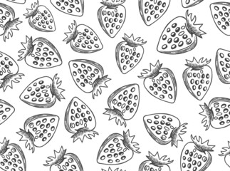 Food vector seamless pattern with pencil hand drawn strawberries