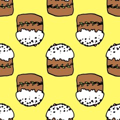 easter cake color pattern on yellow. seamless brown cake doodle pattern with white icing and pink sprinkling on top, hand-drawn on yellow for easter design template