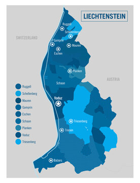 Liechtenstein country political map. Detailed vector illustration with isolated states, regions and cities easy to ungroup. 