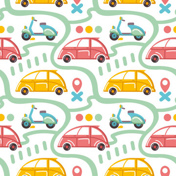 Cars and motorbike moving on the city. Kids print for boys. Seamless pattern.