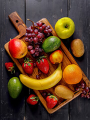 Juicy ripe fruits. Strawberry, kiwi, apple, pear, banana, avocado, grape. Assorted delicious tropical fruits on a wooden background. Vertical shot